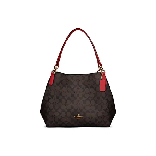 COACH Hallie Холщовая кожа ведрообразная сумка переносная сумка через плечо большая женская красный коричневый многоцветный