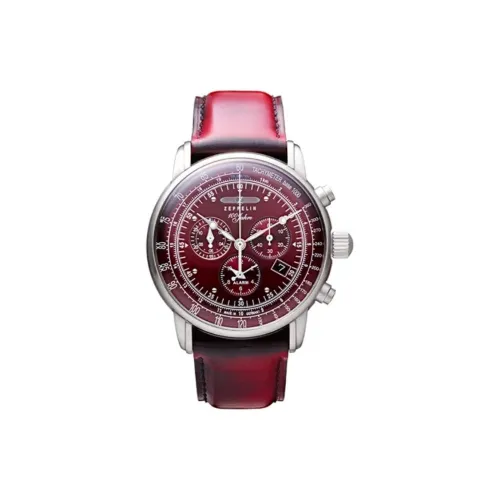 ZEPPELIN Кварцевый механизм Мужские часы Часы 42 мм Красный циферблат Часы Нержавеющая сталь Корпус часов Коровья кожа Ремешок
