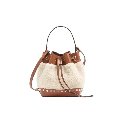 Valentino Garavani Shearling Bucket Bag Single Shoulder Bag Women's Natural Saddles Brown Валентино Гаравани Овчина Ведро Сумка Одно Плечо Сумка Женская Натуральный Саддлс Коричневый