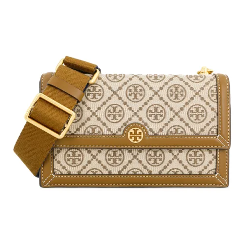TORY BURCH T Monogram Жаккардовая ткань с кожаными вставками аккордеонная сумка сумка для коробок сумка через плечо мини женский коричневый