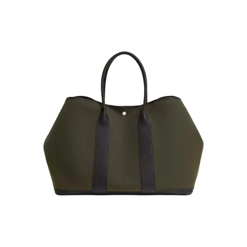 HERMES Garden Party Woolycot Холст с Negonda Телячья кожа Сумка Женская Торфовый Черный