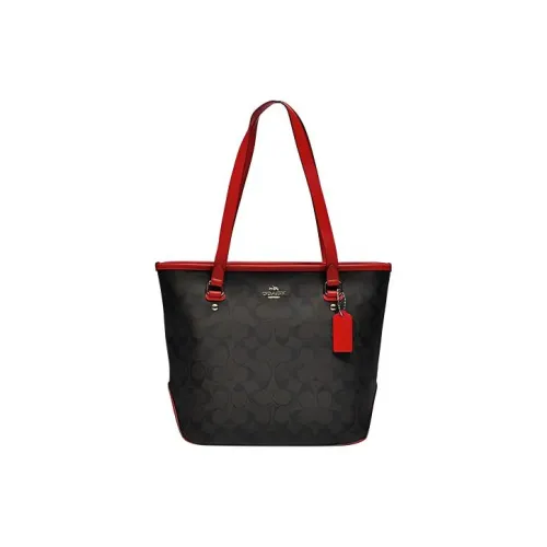 COACH Zip Top Tote Холст с кожей Тоут Сумка Сумка для покупок Сумка Сумка через плечо Большая Женская Темно-коричневая и Красная
