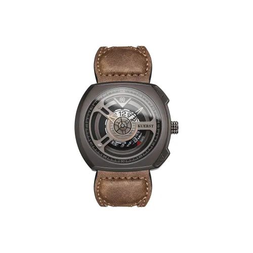 KUERST Кварцевый механизм кожаный ремешок мужские часы черный циферблат
