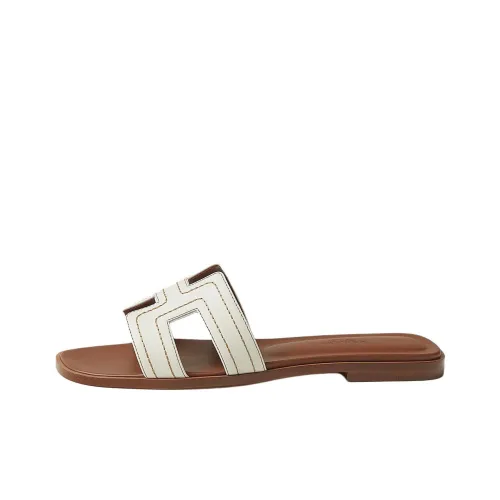 HERMES Oran Slide Ремень Тапочки Женские Белые Коричневые