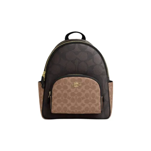 COACH Court Искусственная кожа Рюкзак Большой Женский Ореховый Коричневый Желтый