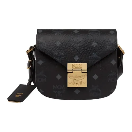 MCM Patricia Visetos Покрытый холст Курьерская сумка Сумка через плечо Маленькая Женская Черная Черно-золотая
