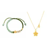 Маленький браслет с подвеской в виде цветка персика, бусины для удачи + ожерелье