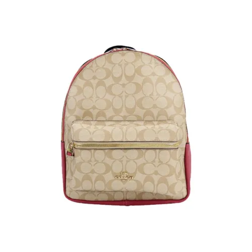 COACH Charlie Canvas Leather Backpack Medium Women's Light Brown Monogram Red COACH Charlie Холст Кожа Рюкзак Средний Женский Светлый Коричневый Монограмма и Красный