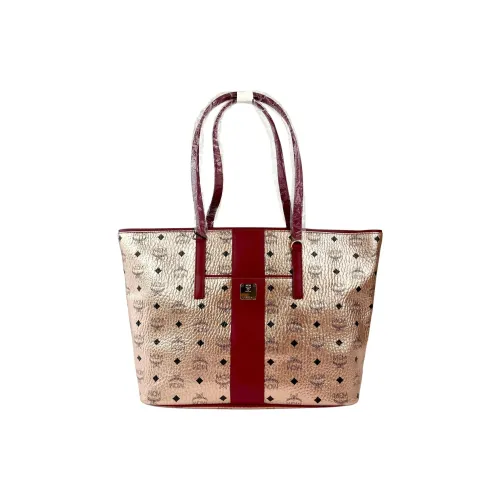 MCM Покрытый холст с кожаными вставками Тоут Сумка Сумка для покупок Сумка на плечо Средний Женская Шампанское золото