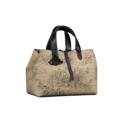 DIOR Toujours Хлопок Телячья Кожа Тоут Сумка Сумка для покупок Сумка Indigenous Сумка Сумка среднего размера Женская Бежевая и Черная