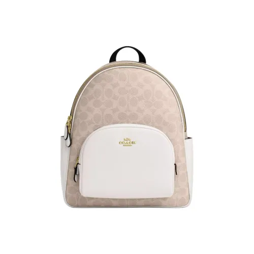 COACH Корт Покрытый холст Рюкзак Большой Женские Золотой Песочный Мел