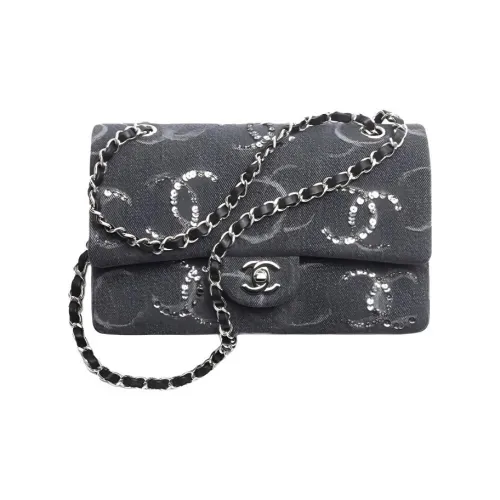 CHANEL Classic Flap CF Denim Glitter Crossbody Bag Women's Black Gray CHANEL Classic Flap CF Деним Блестки Сумка через плечо Женская Черная Серый