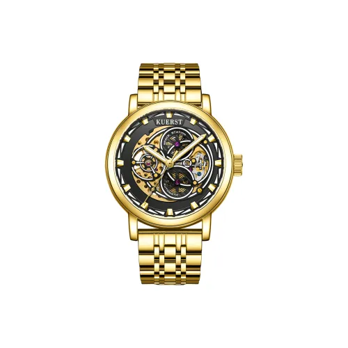 KUERST Автоматический Механический Механизм Стальной Ремешок Часы Мужские Золотистый Циферблат