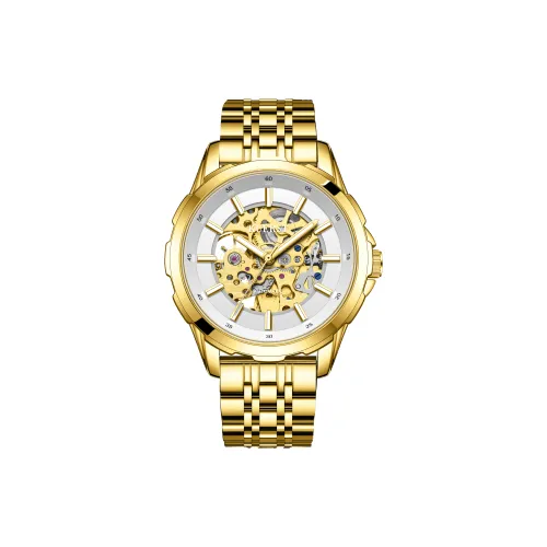 KUERST Автоматический Механический Механизм Стальной Ремешок Часы Мужские Золотистый Циферблат