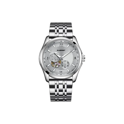 KUERST Автоматический Механический Механизм Стальной Ремешок Часы Мужские Черный Циферблат
