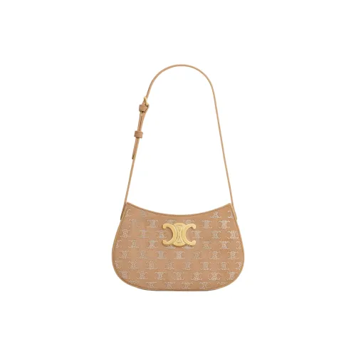CELINE Triomphe Rhinestone Suede Calfskin Crossbody Bag Shoulder Bag Medium Women's Light Camel