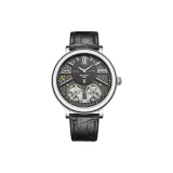 Белый корпус, черный циферблат, кожаный ремешок.