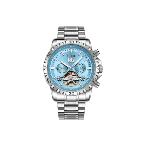 RUIGE Механический механизм ремешок из нержавеющей стали мужские часы синий циферблат