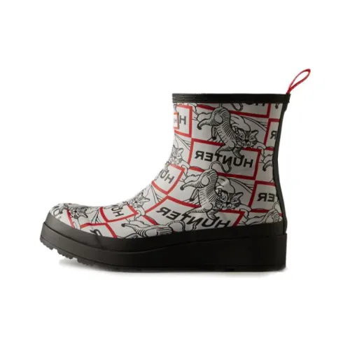 HUNTER Водонепроницаемые резиновые сапоги женские черный белый с трещинами