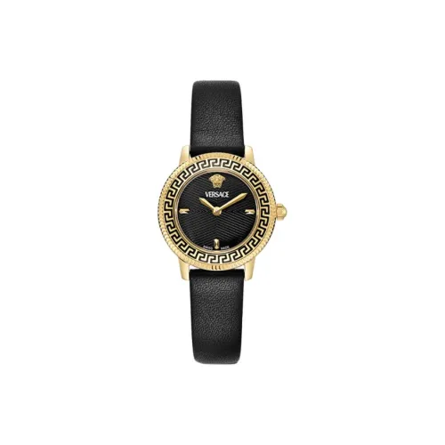 VERSACE V Icon Lady Collection Наручные часы Кварцевый механизм Коровья кожа Ремень 30MM Черный циферблат Женские часы