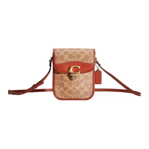 COACH Studio Покрытие Холст Телячья Кожа Чехол для телефона Сумка через плечо Мини Женская Коричневая