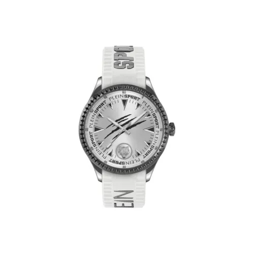 PLEIN SPORT Наручные часы Кварцевый механизм Силиконовый ремешок 45 мм Серебристый циферблат Мужские часы