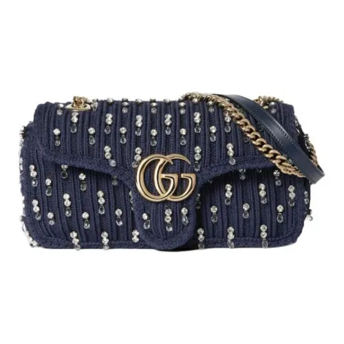 GUCCI GG Marmont Шерсть Плечевая сумка Маленькая Женская Синяя