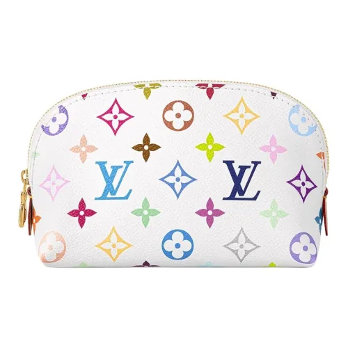LOUIS VUITTON Takashi Murakami Коллаборация Покрытый холст Кожаная отделка Сумка для туалетных принадлежностей Маленькая Женская Белая