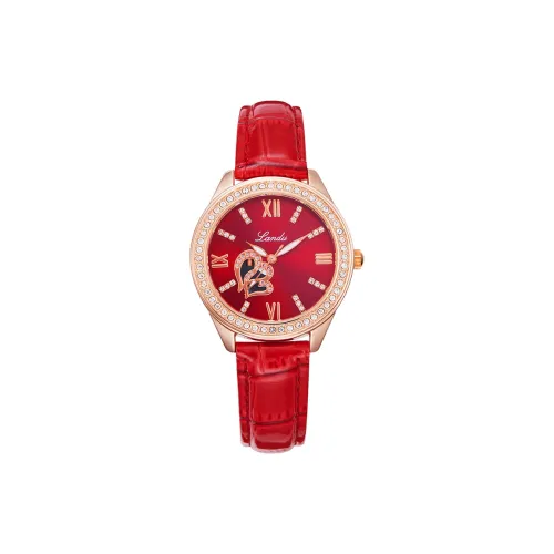 LANDU Simple Collection Кварцевый механизм Кожаный ремешок Часы Женские Часы Красный циферблат