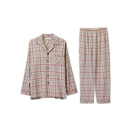 DAERLI Клетка Премиум Мужской Комплект Домашней Одежды Весенний Осенний Мужской Серый Абрикос
