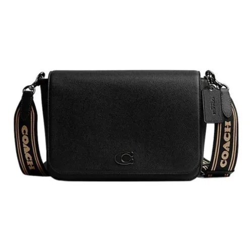 COACH Крестообразная текстура кожа с цветным холстом курьерская сумка сумка через плечо сумка на плечо средний размер женский черный