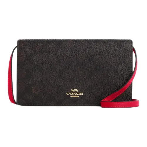 COACH Anna Покрытие Холст Сумка через плечо Маленькая Женская Цвет Орех и Ярко-Красный