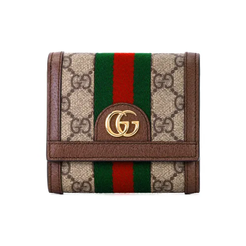 GUCCI Ophidia Холст и Кожа Кошелек для Карт Монетница Мини Женский Коричневый