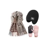 Шарф + Шапка с ушками на флисовой подкладке + Розовые перчатки на флисовой подкладке