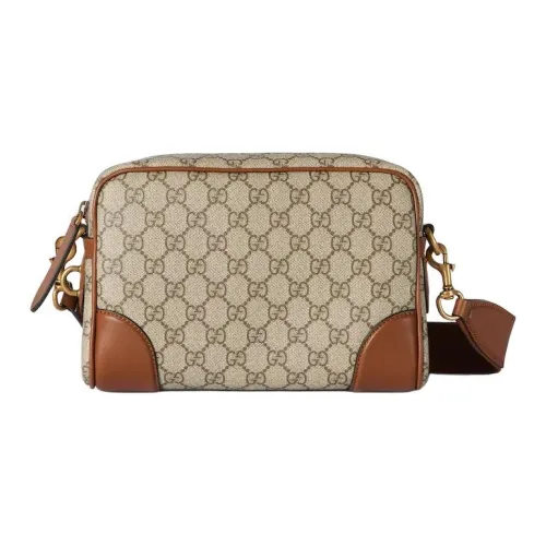 GUCCI GG Emblem Покрытая ткань Сумка через плечо Маленькая Мужская Бежевая и Темно-коричневая