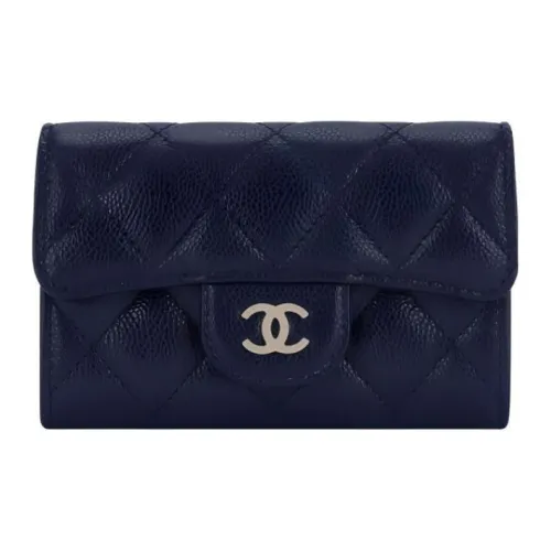 CHANEL Зернистая кожа коровы Держатель для карт Женские Морской синий