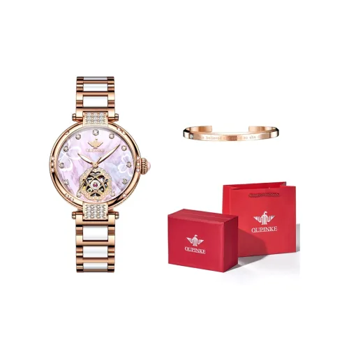 Oupinke AIR Born Collection Skeleton Механический механизм Ремешок из нержавеющей стали Часы Женские Розовый циферблат часов