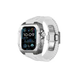 Серебряный корпус с серебряным средним bezel, белый фторкаучуковый ремешок, застежка-бабочка