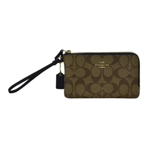 COACH Corner Zip Double Layer Monogram Canvas Leather Wristlet Clutch Small Pouch Women's Dark Khaki