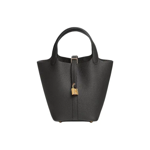 HERMES Picotin Lock Clemence Bullock Кожа Корзина Сумка Ведрообразная Сумка Женская O0 Темная Бронза Медный Черный