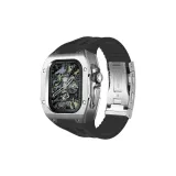 Серебряный корпус с серебряным средним bezel, черный фторкаучуковый ремешок, застежка для погружения