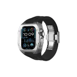 Серебряный корпус, серебряная средняя рамка, черный фторкаучуковый ремень, бабочка-пряжка