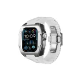 [Серебряный корпус, черный, средняя рамка] Белый ремешок из фторкаучука - застежка-бабочка