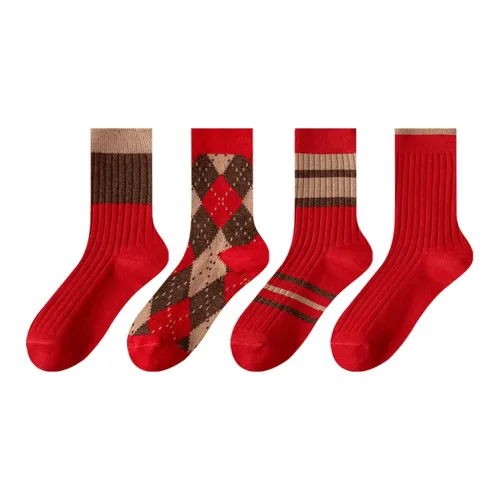 AUGUST High-Top Socks Women's 4 Pack Red Checkered