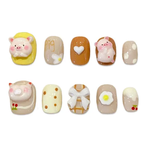 XIAMEIYU Макарон Обжорство Свинья Веселье 3D-эффект Бант Милый False Nail Короткий Квадрат Wa Круглый 15мм