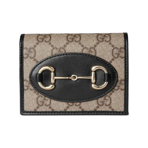 GUCCI Horsebit Застежка Ткань Картхолдер Женская Бежевый и Темно-коричневый