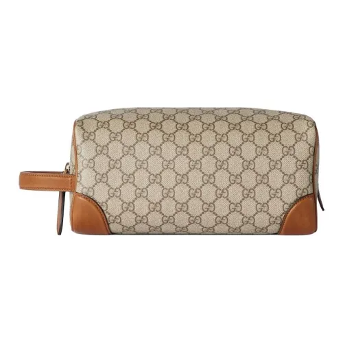 GUCCI GG Emblem Кожа Туалетная сумка Средний Мужская Бежевая и Темно-коричневая