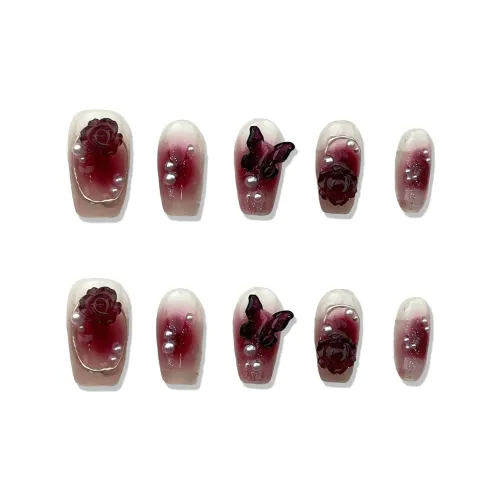 XIAMEIYU Камелия Бабочка Красный Ручной Работы Бургунди Градиент Жемчужный False Nail Короткий LADDER 20 мм