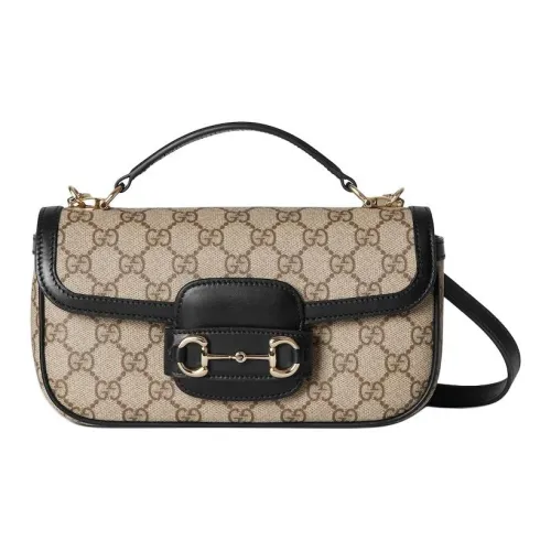 GUCCI Застежка Horsebit Ткань с покрытием Одно плечо Сумка Маленькая Женская Бежевая и Темно-коричневая