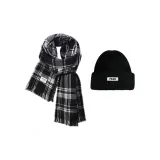Черный Белый Клетка-Шарф + Черный Вязаная Шапка